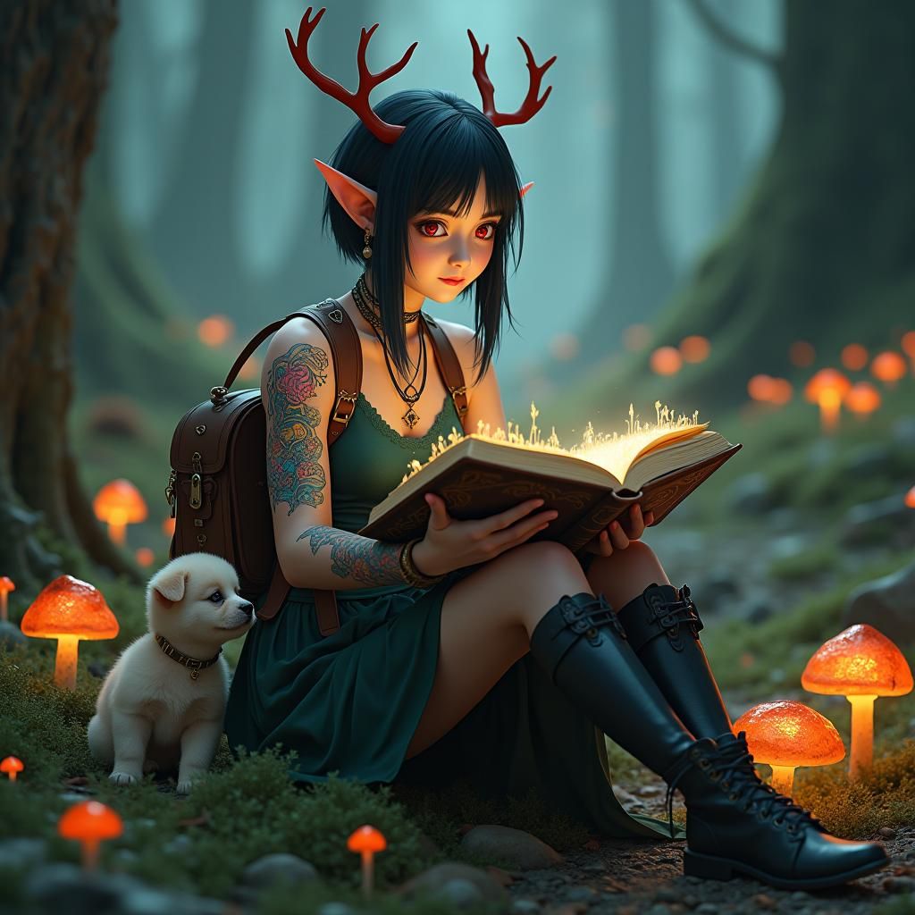 Elf Reads Book in Mystical Forest, Fantasy Art