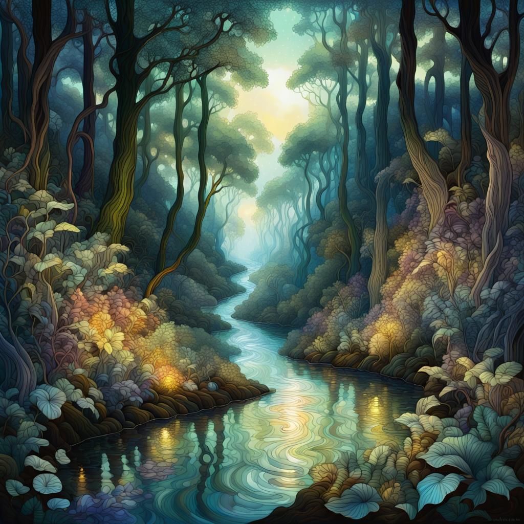 Enchanted Twilight Jungle River in Stained Glass Style