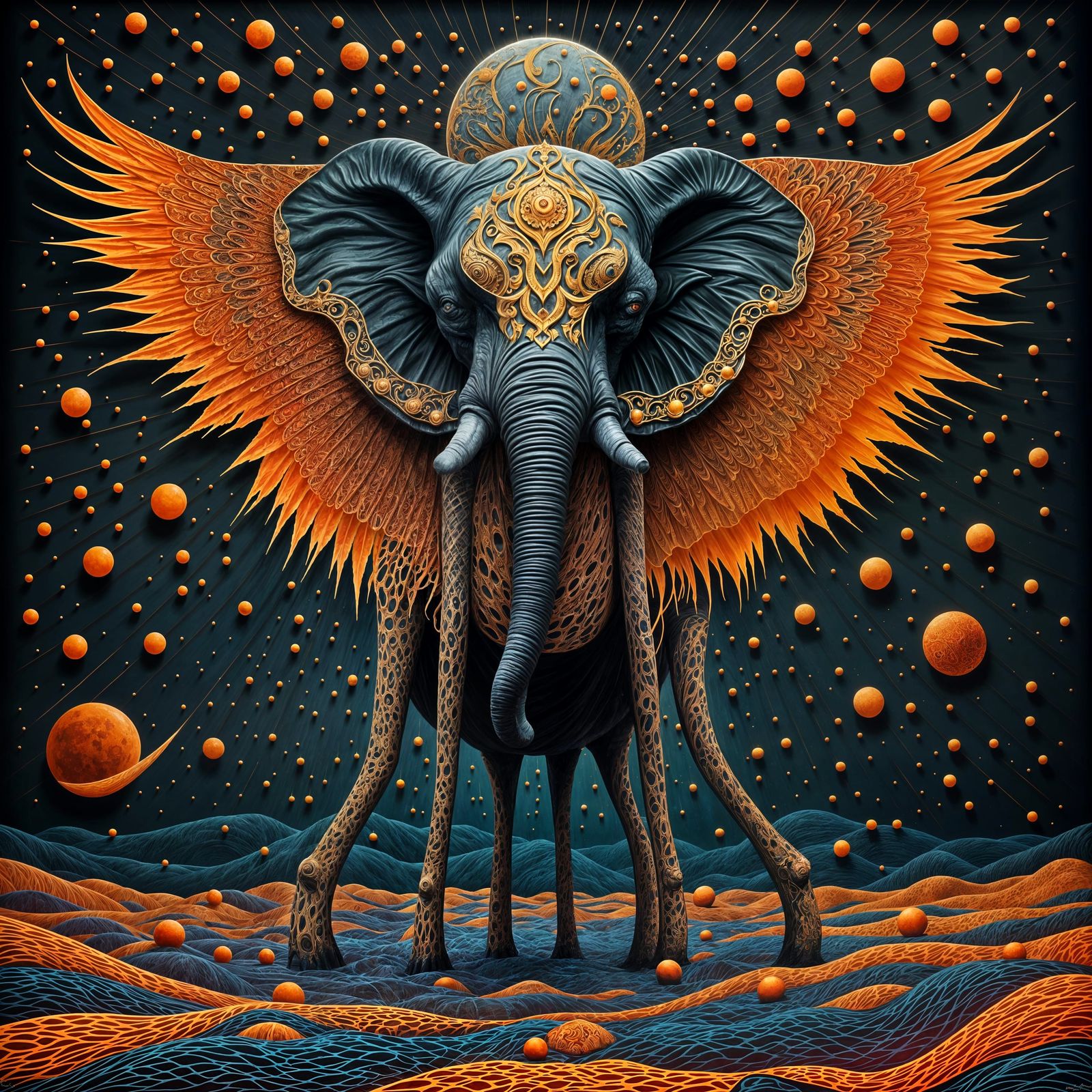 Majestic Blood-Orange Elephant with Mesh Wings, in Vibrant S...
