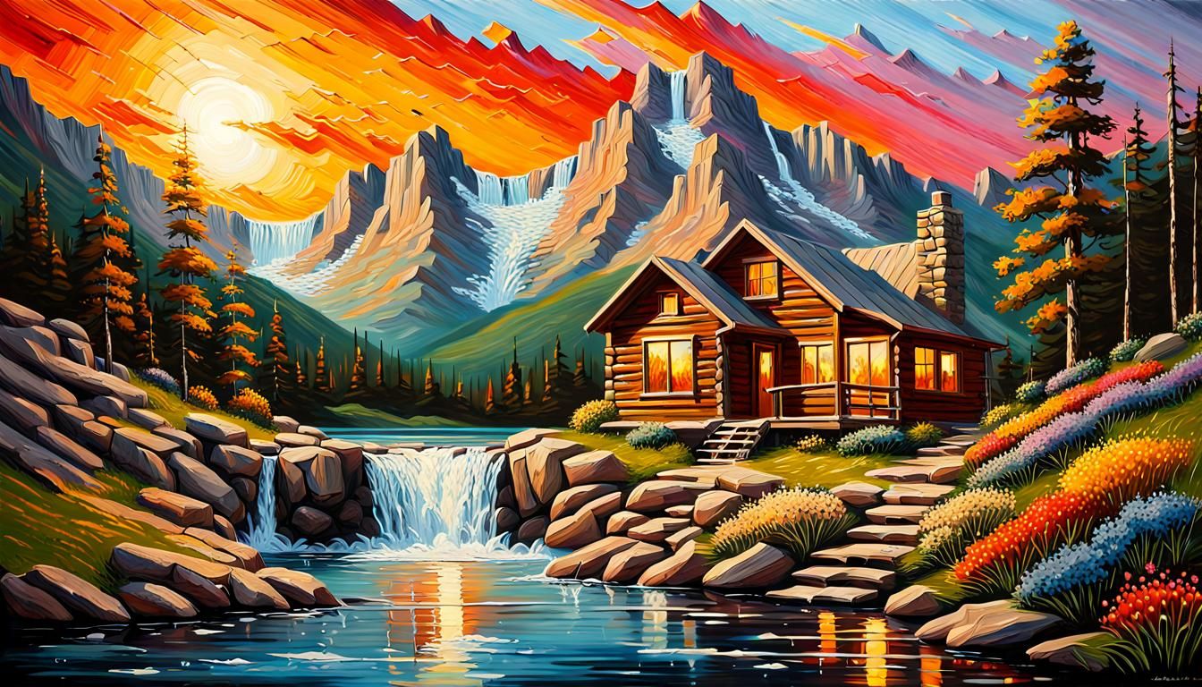 Rocky Mountain Waterfall Landscape in Impasto Oil