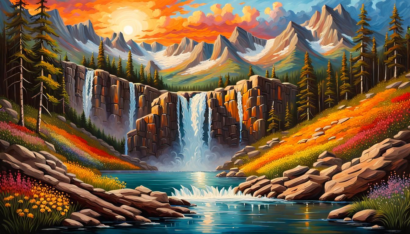 Rocky Mountain Sunset with Waterfalls as Impasto Oil