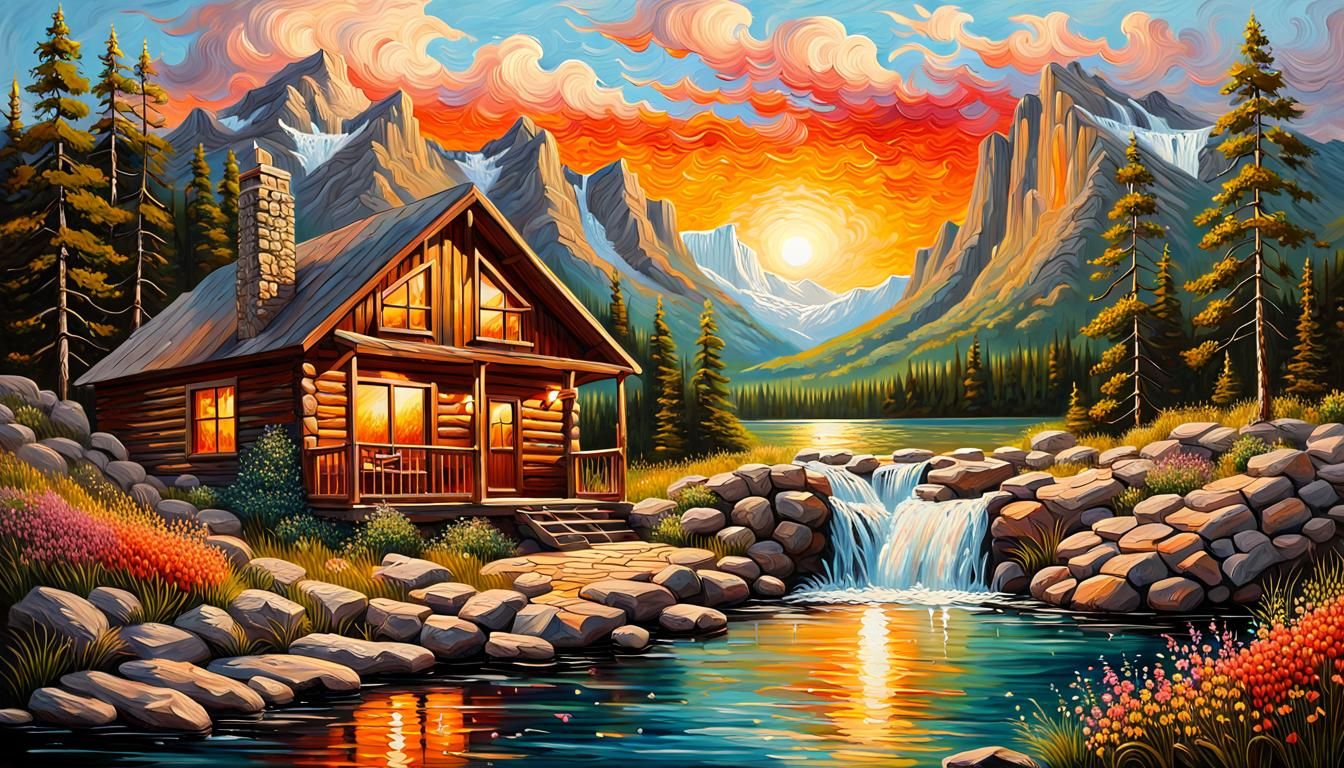 Rocky Mountain Sunset with Waterfalls: Impasto Oil Painting