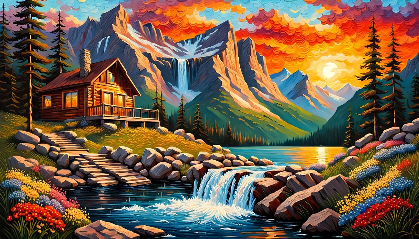 Rocky Mountain Sunset with Cabin, as Impasto Oil