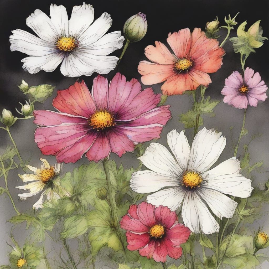 Watercolor Cosmos Flowers in Intricate Line Art