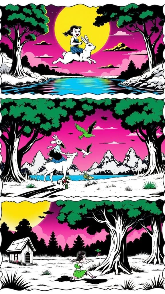 1970s Retro Comic: Child on Rabbit, Crane Birds, Magic Tree