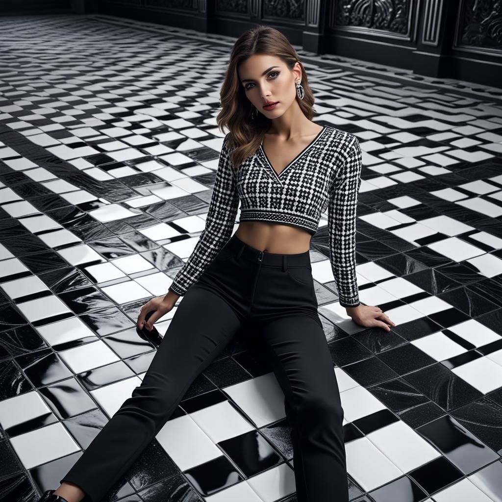 Woman on Checkered Floor: Detailed Digital Painting