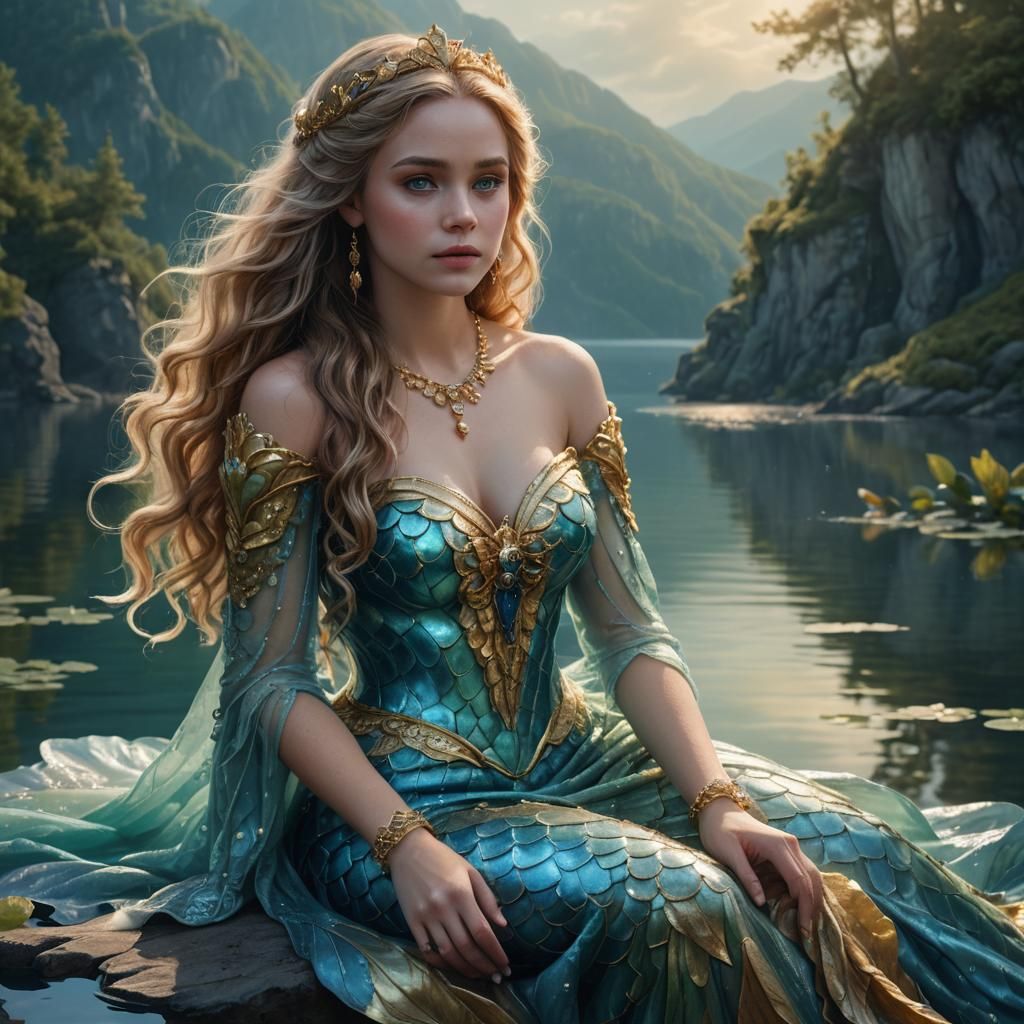 Mermaid Princess at Serene Lake: Fantasy Art