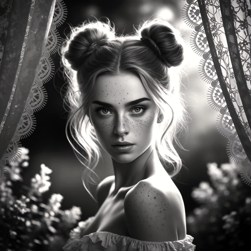 Ethereal Black and White Portrait with Intricate Lace and Su...