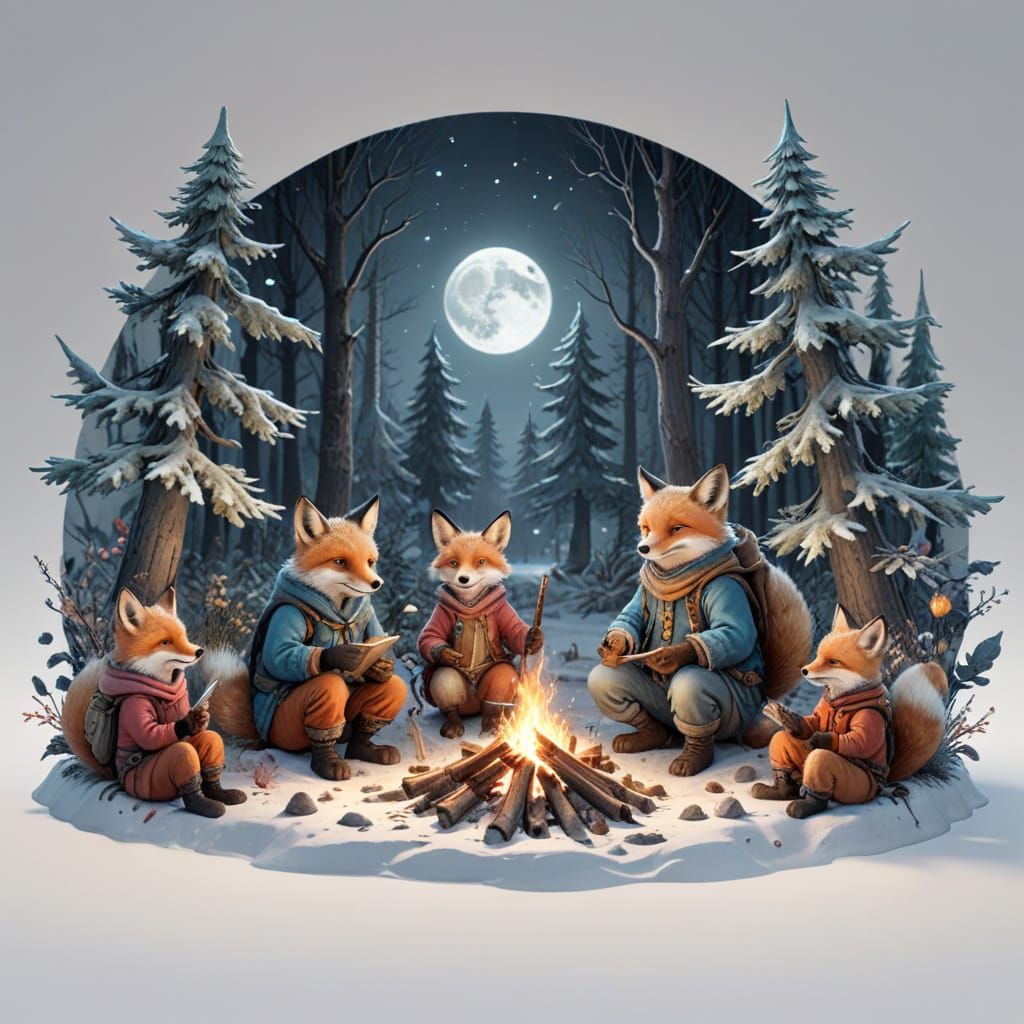 Winter Fox Family Gathered Around a Cozy Campfire in a Snowy...