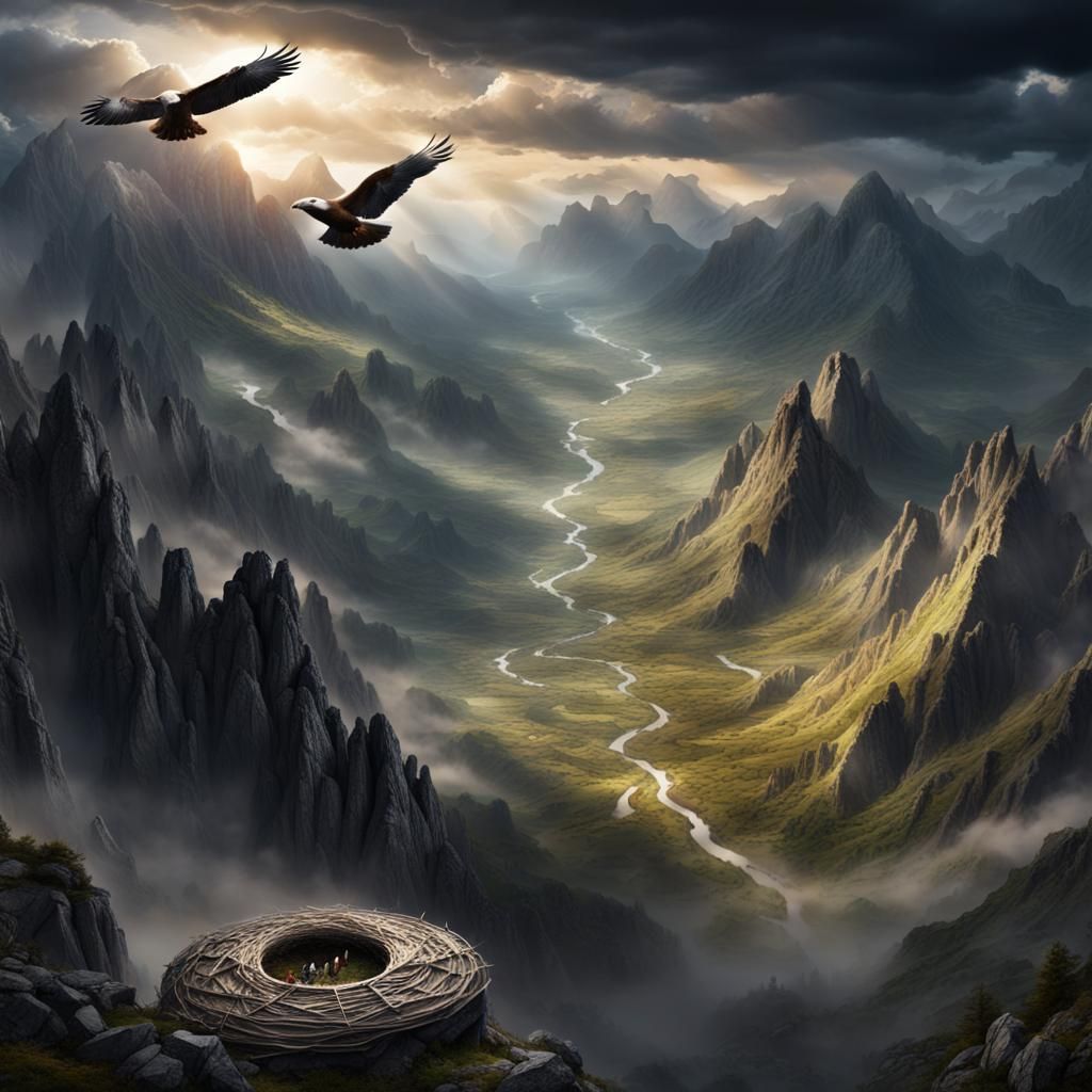 Eagle Nest on Mountain Peak in Fantasy Art Style