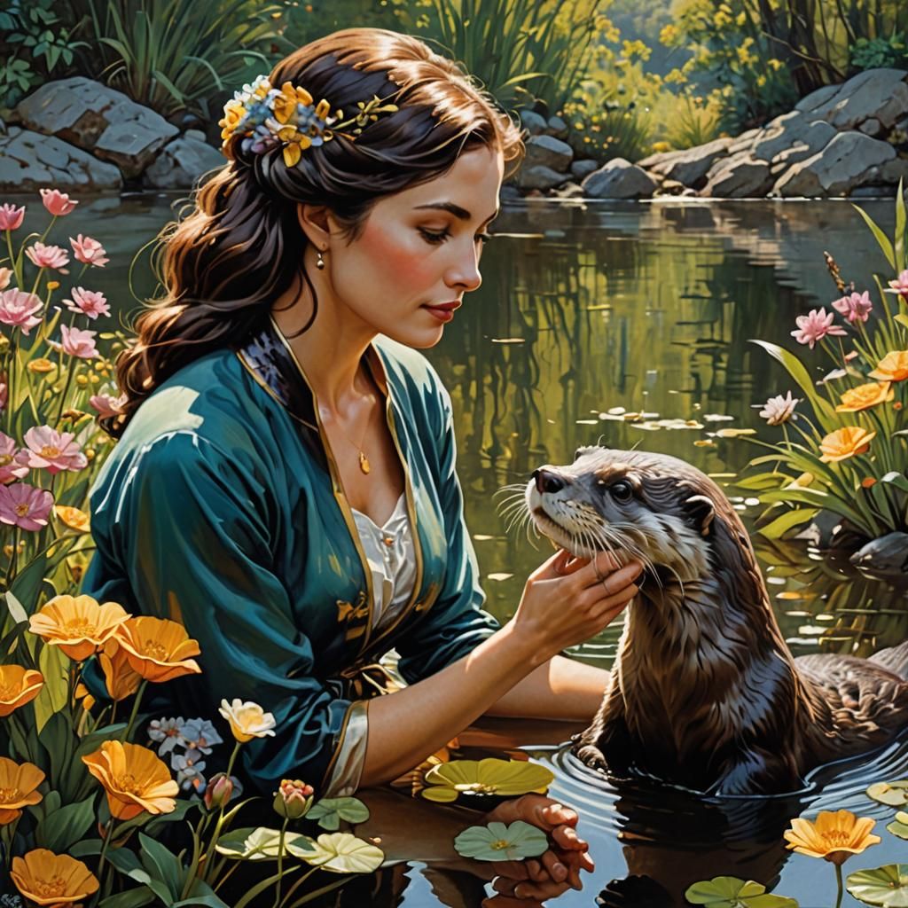 Woman Pets Otter at Lake in Oil Painting Style