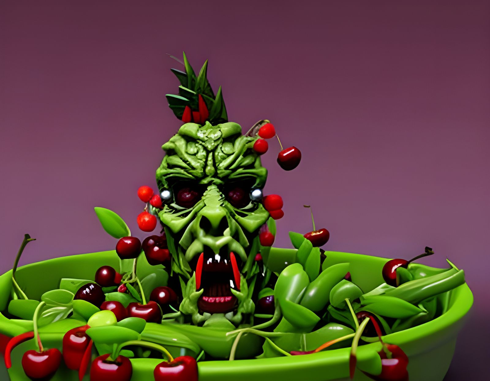 a bowl of fruit salad, zombie head disguised as cherry coming out of the salad, zombie mouth open ready to bite hand hol...