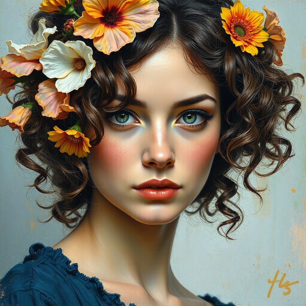 Woman with Flowers: Neo-Impressionist Oil Painting