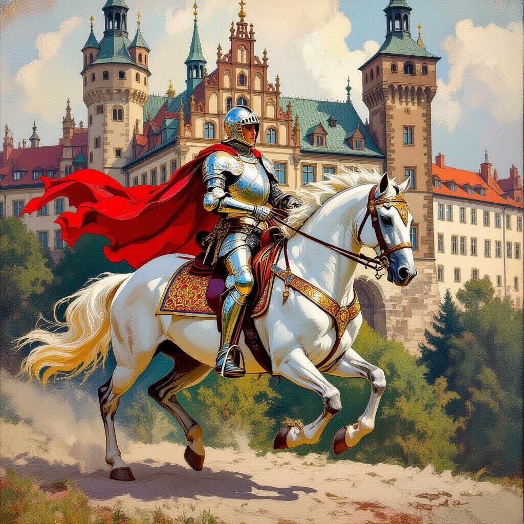 Knight on Horseback Galloping Past Castle in Art Nouveau Sty...