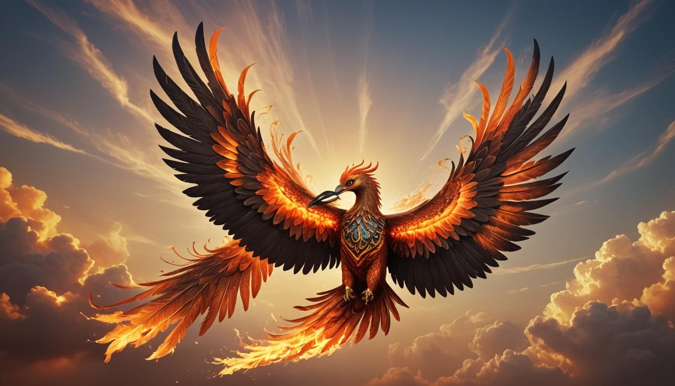 Fiery Phoenix Soaring with Egyptian Head