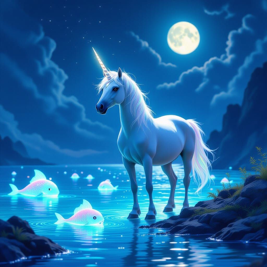 Enchanting Unicorn at Bioluminescent Ocean Edge