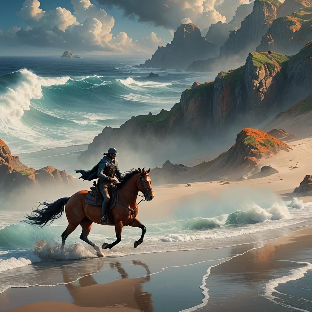 Horse Rider Galloping on Beach in Fantasy Art