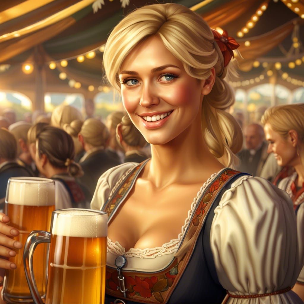 Oktoberfest Waitress with Beer, Hyperrealistic Digital Art