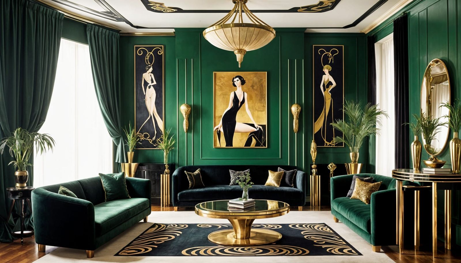Art Deco Living Room in Dark, Vibrant Colors