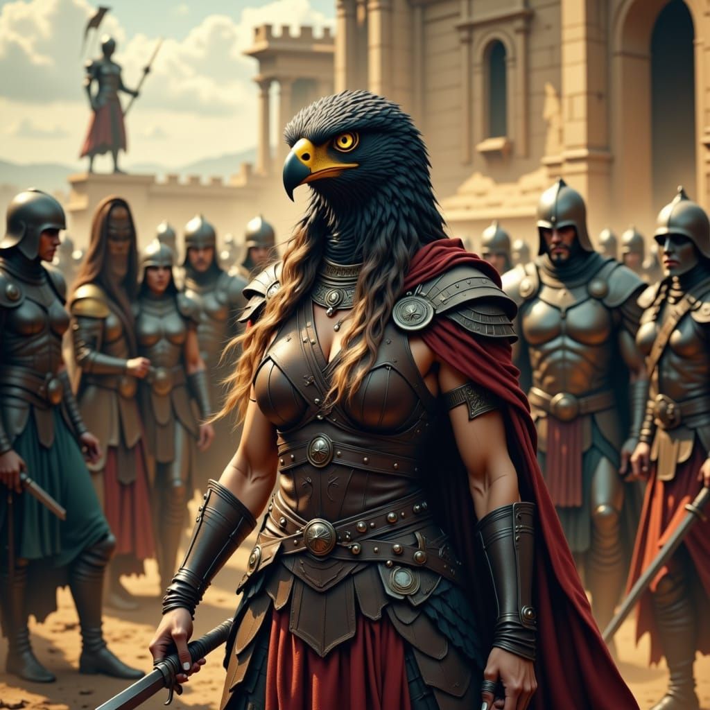 Falcon Headed Warrior Goddess Storming Castle