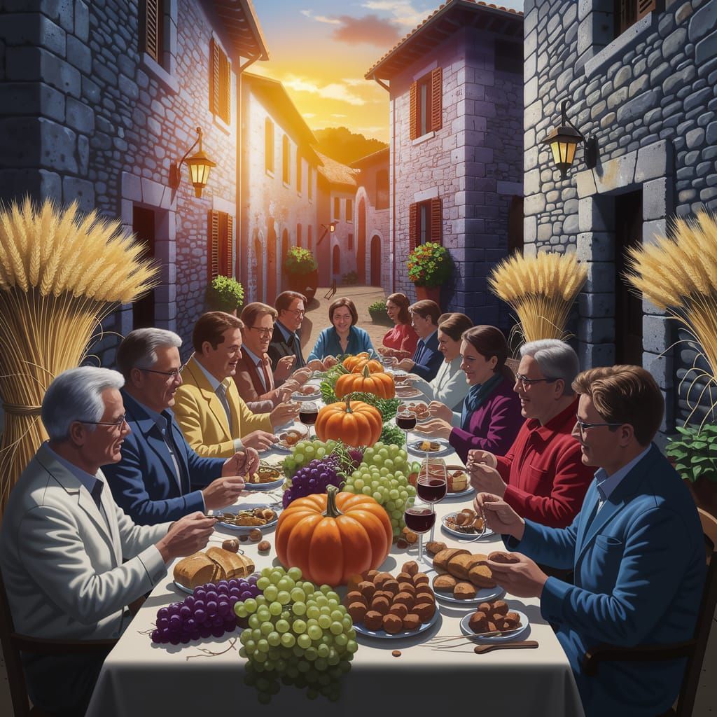 Autumn Harvest Feast in Italian Village at Sunset