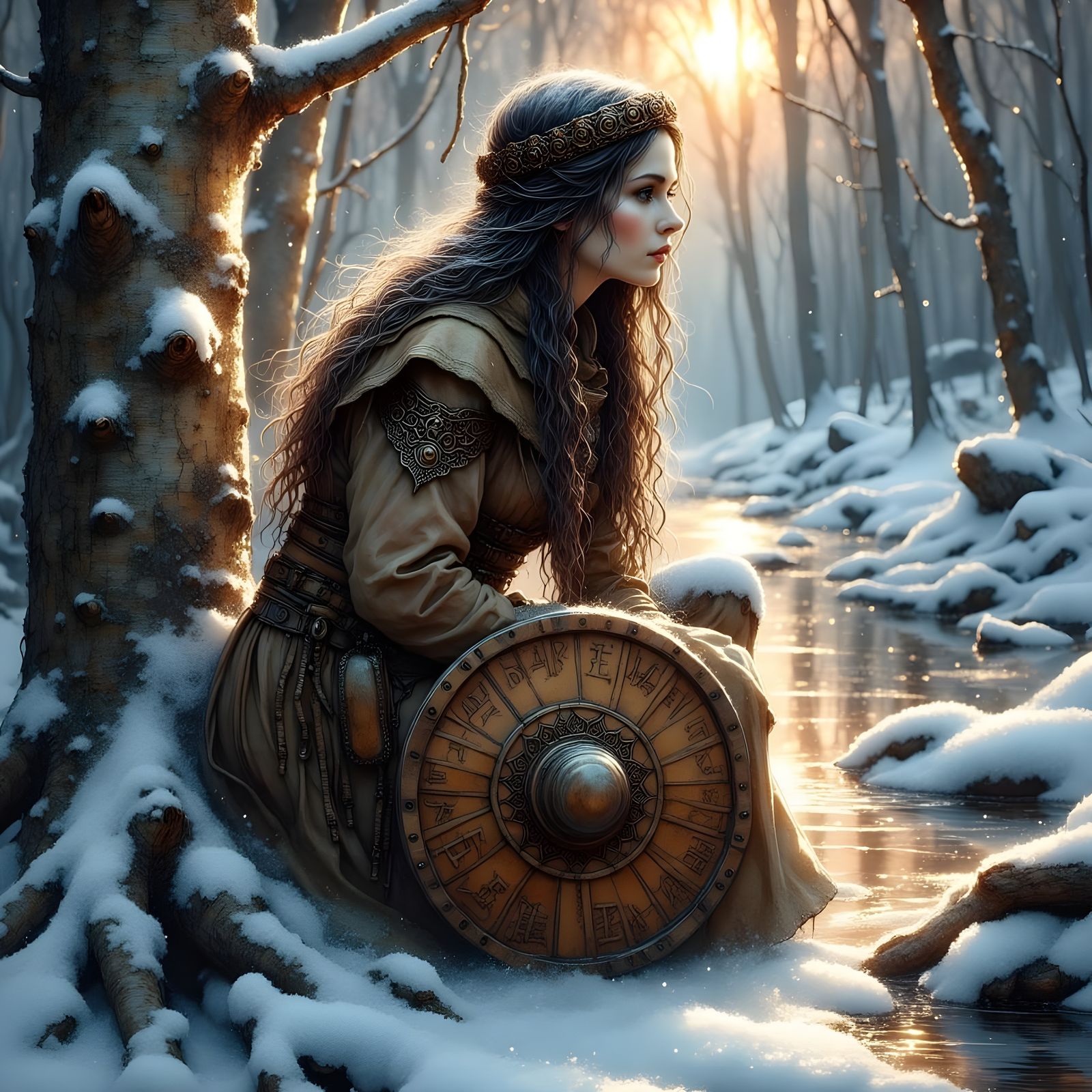 Ethereal Goddess Kneels Beside Frozen Brook in Winter Dreams...