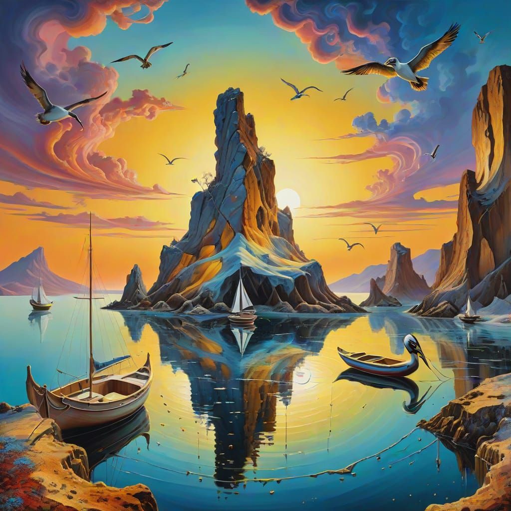 Psychedelic Surreal Cove at Golden Hour Sunset