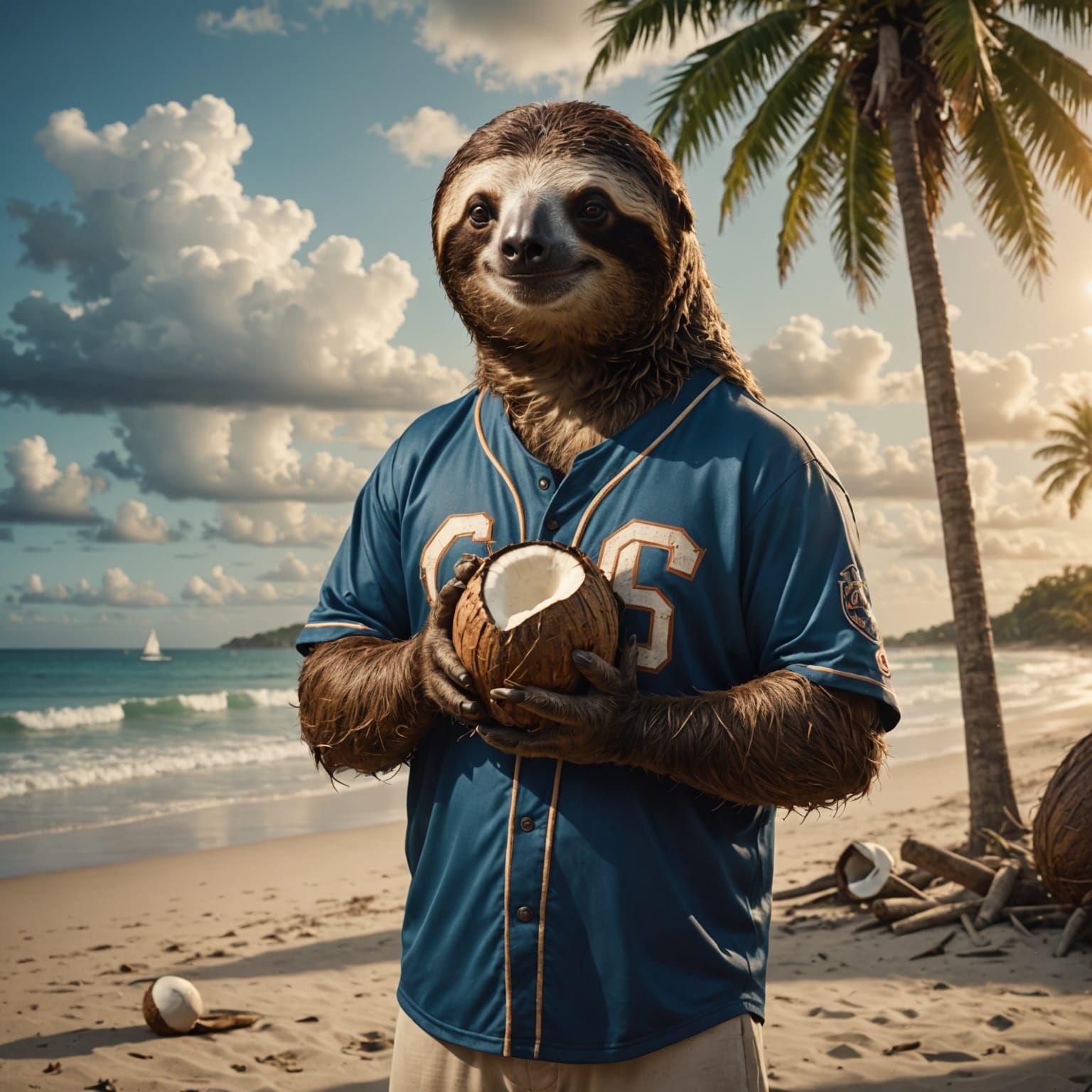 Sloth baseball pitcher holding a coconut on the beach