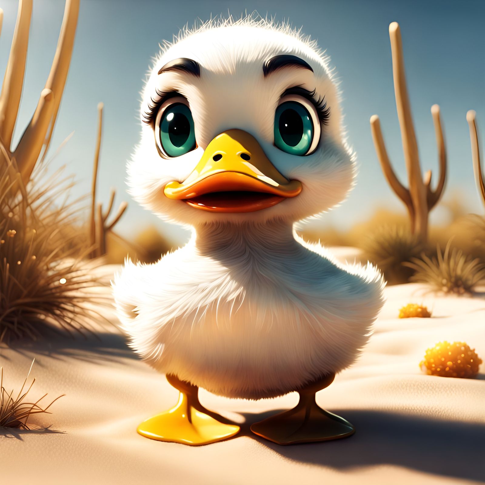 Adorable Chibi Duck with Big Eyes in Desert