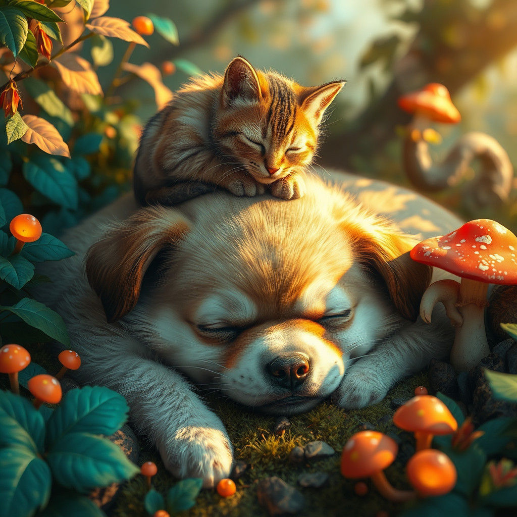 Dog Nap with Cat in Dreamlike Matte Painting