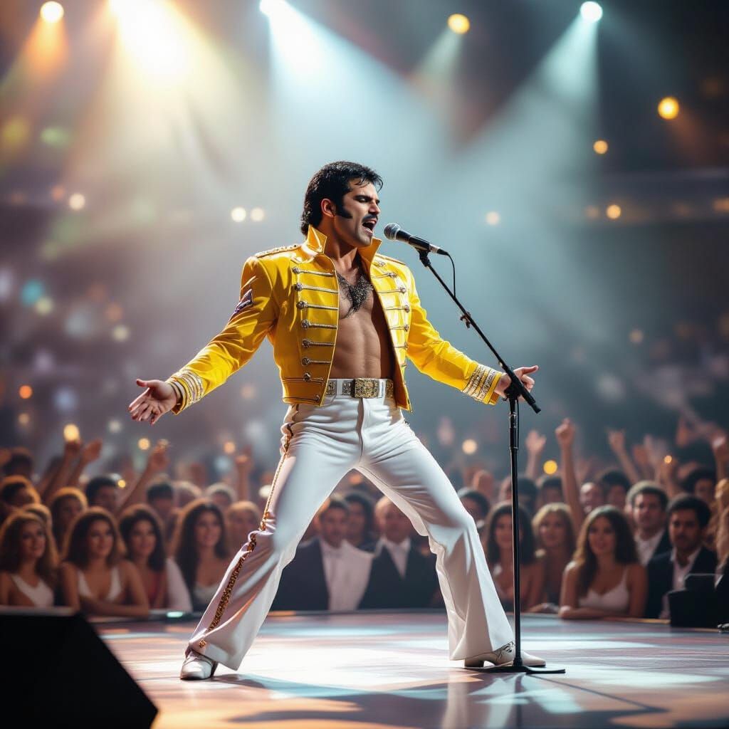 Freddie Mercury Performing on Stage in Dreamlike Glow