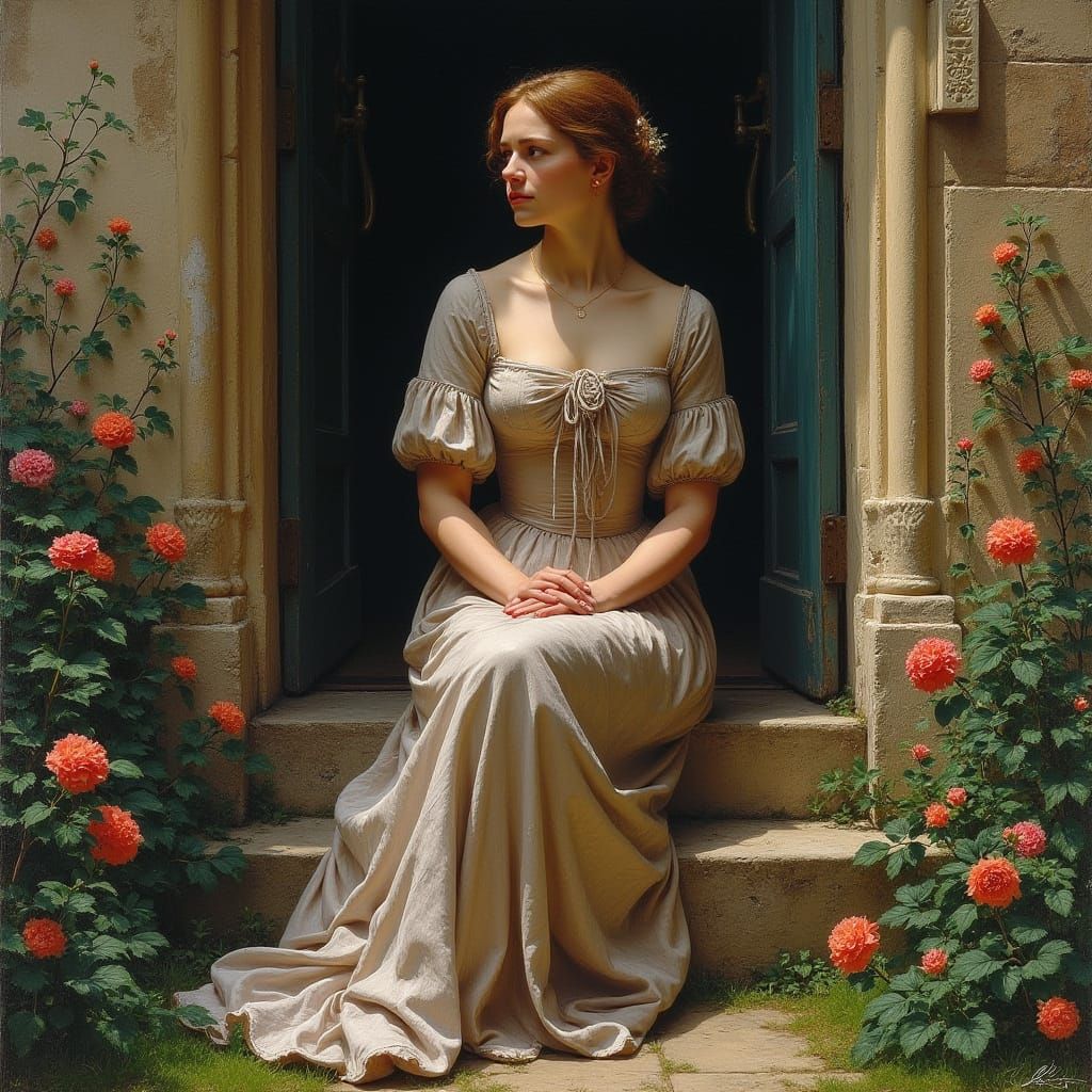 Victorian Lady in Medieval Paradise Oil Painting