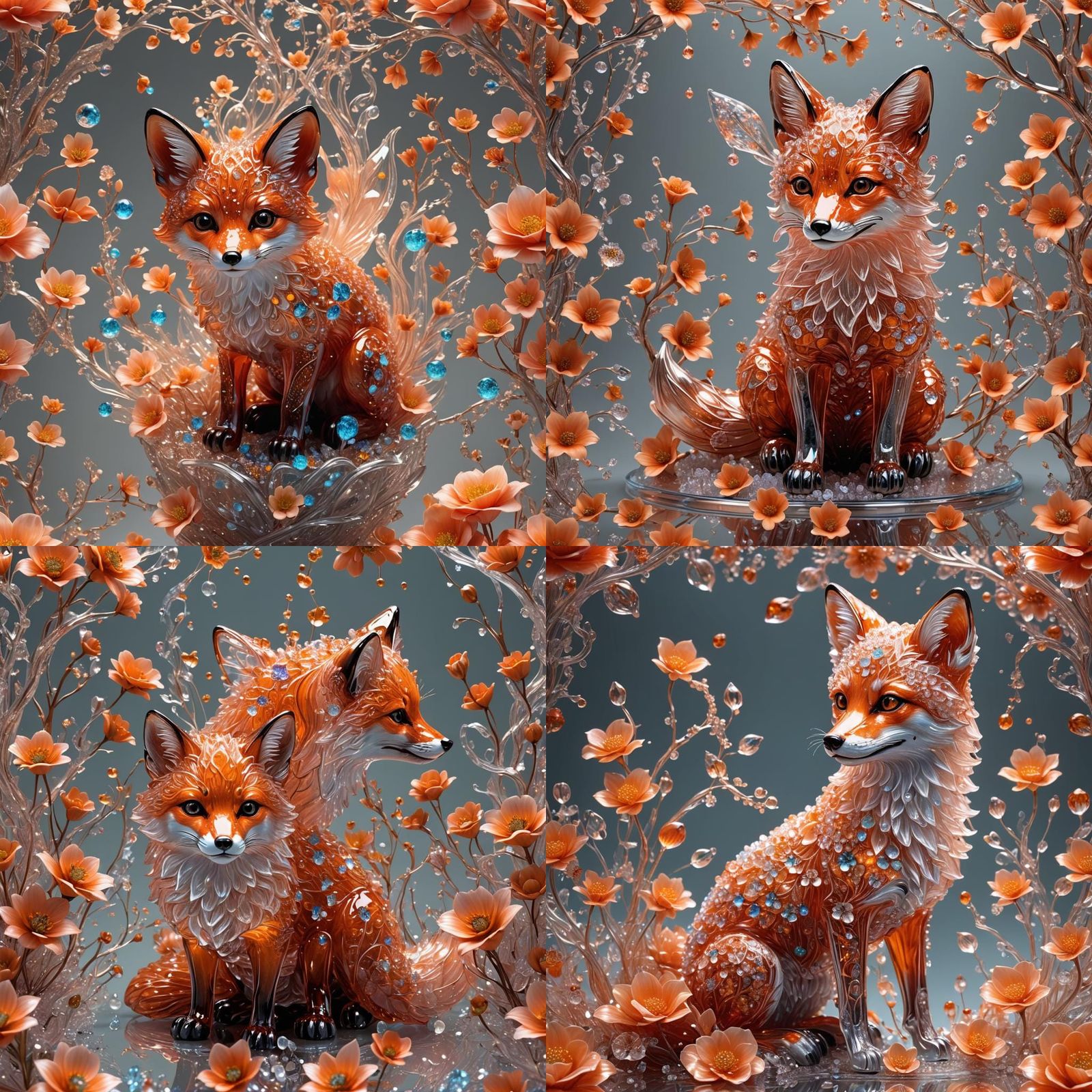 Bioluminescent Crystal Fox Sculpture in Vermilion Glass