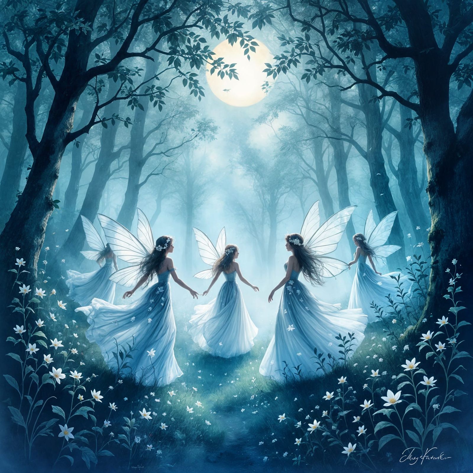 Mischievous Fairies Dance in Moonlit Misty Forest