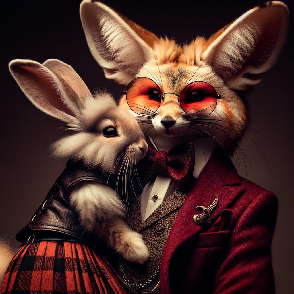 Fennec Kitsune in Crimson Suit Hugs Rabbit in Kilt