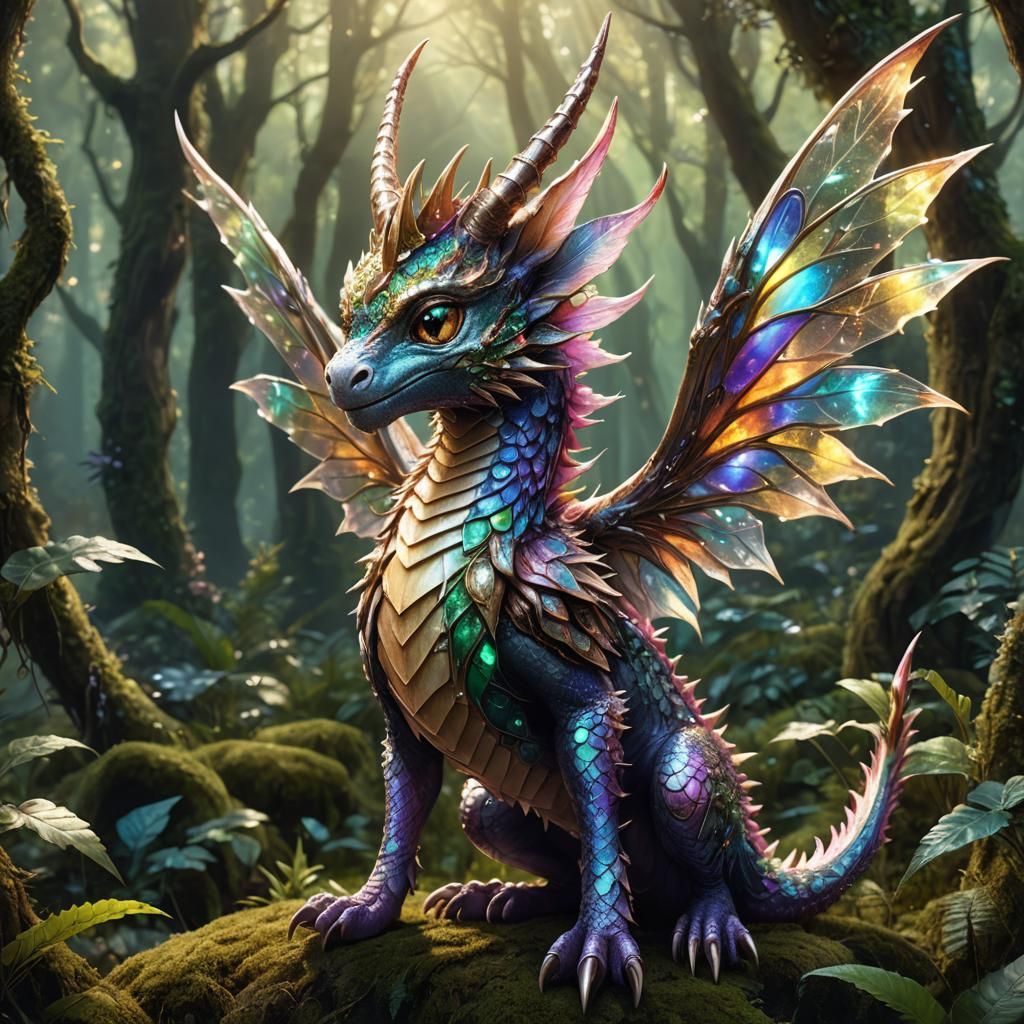 Baby Fairy Dragon with Jeweled Horns in Forest