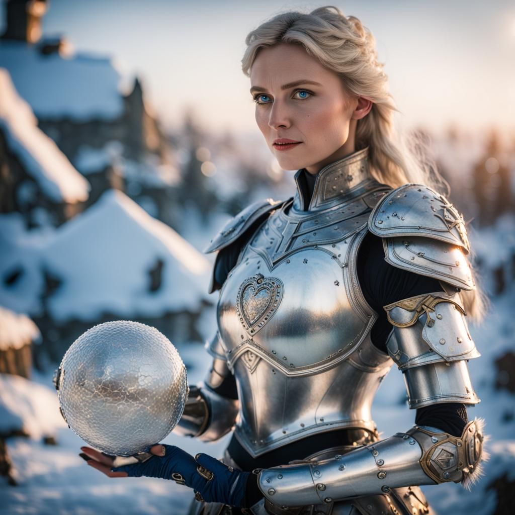 Woman in Silver Armor Holding Frozen Sphere