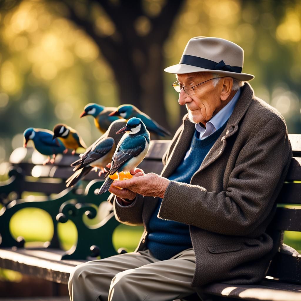 Elderly Gentleman Feeding Birds in Park: Photography