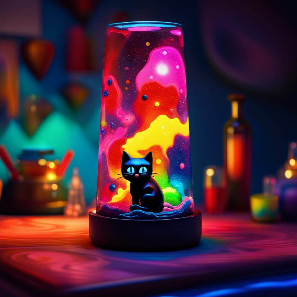 Sparkling Lava Lamp with Floating Black Cat