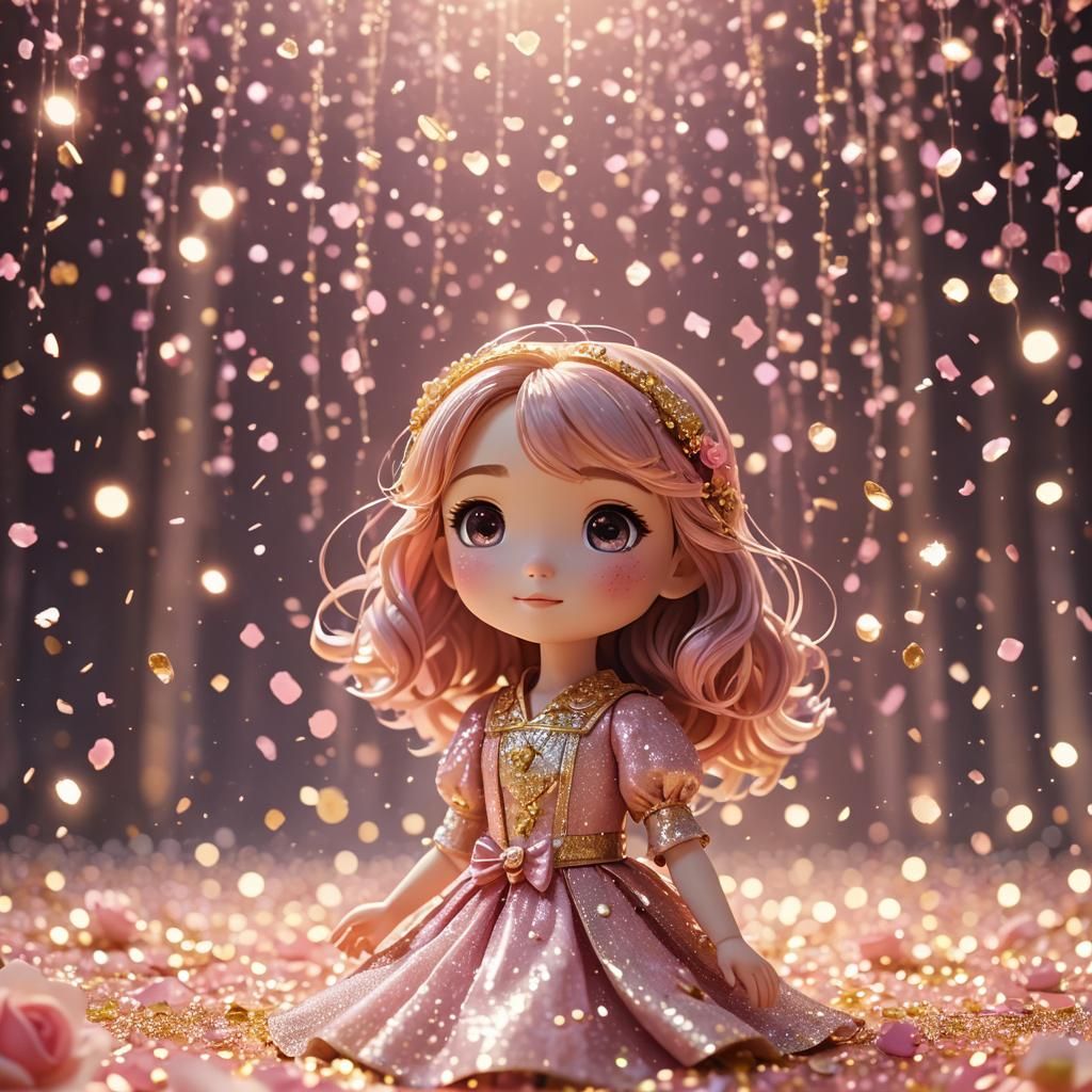 Floating Chibi Girl in Pink and Gold