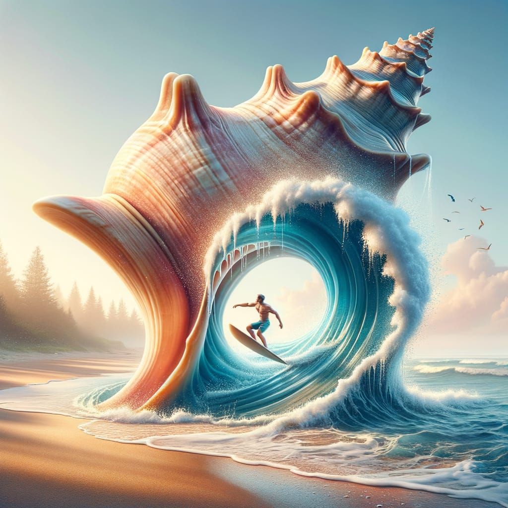 Miniature Surfer World Inside Conch Shell on Beach