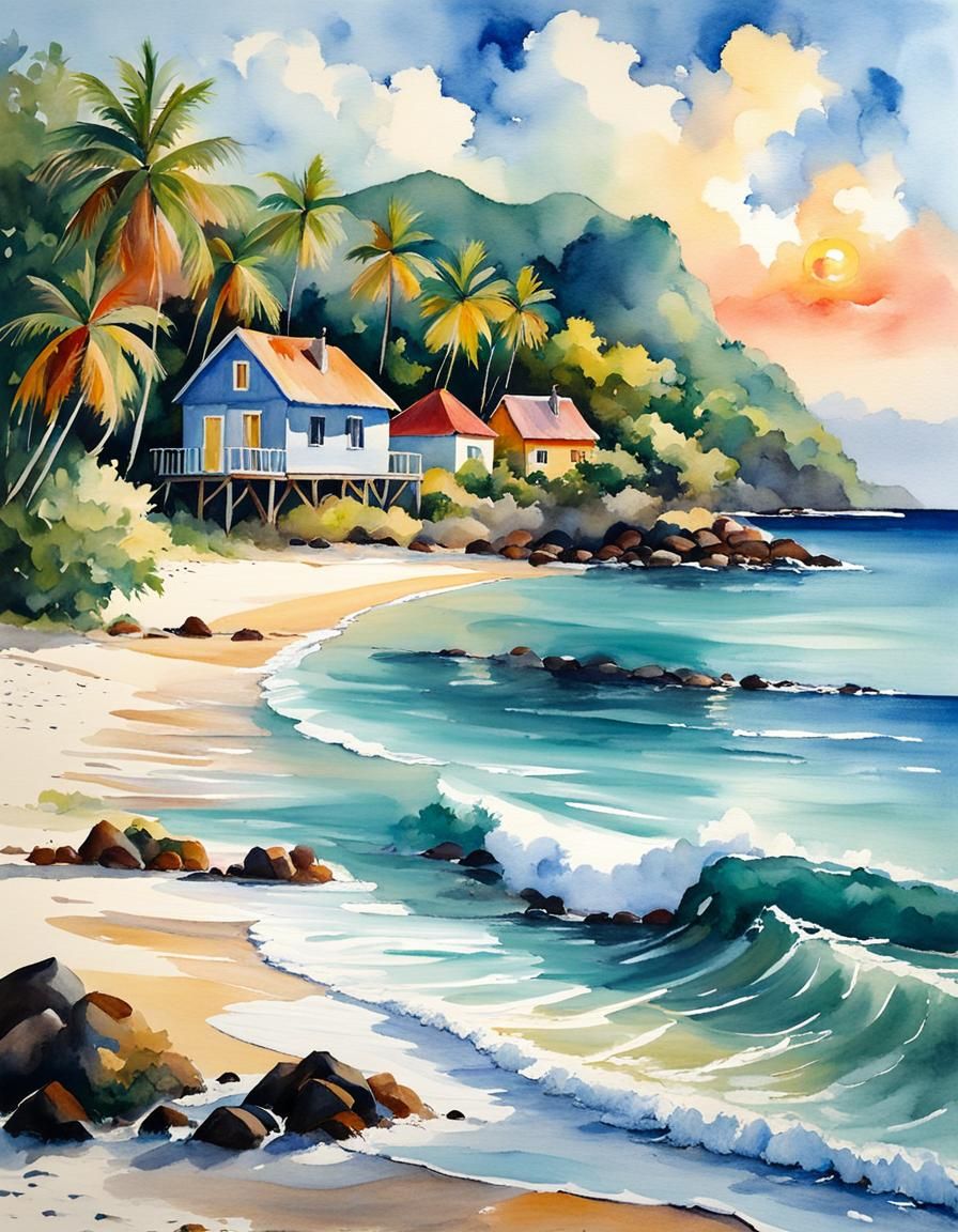 Guadeloupe Beach Lifestyle in Pastel Watercolor