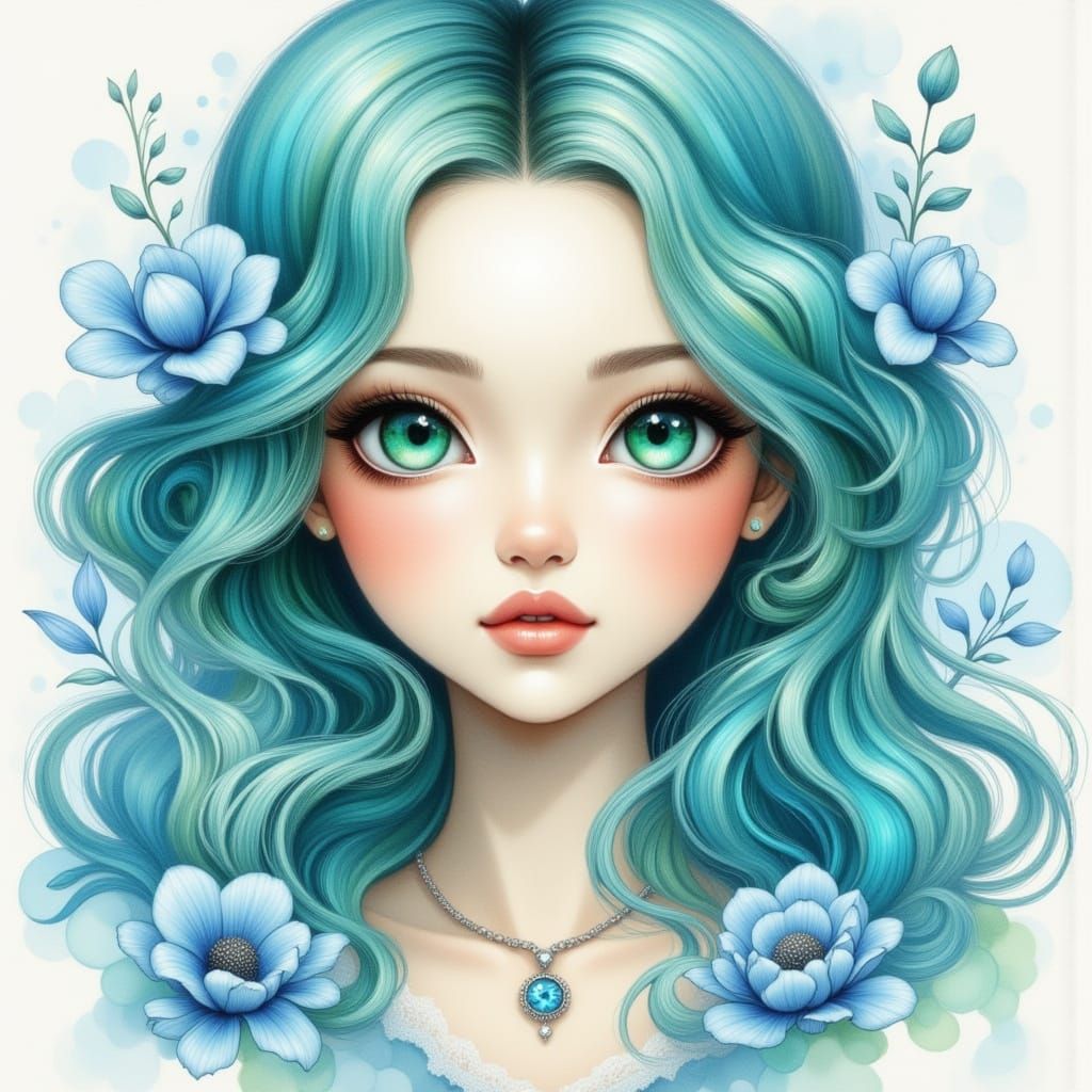 Pretty Woman with Large Turquoise Eyes in Springtime
