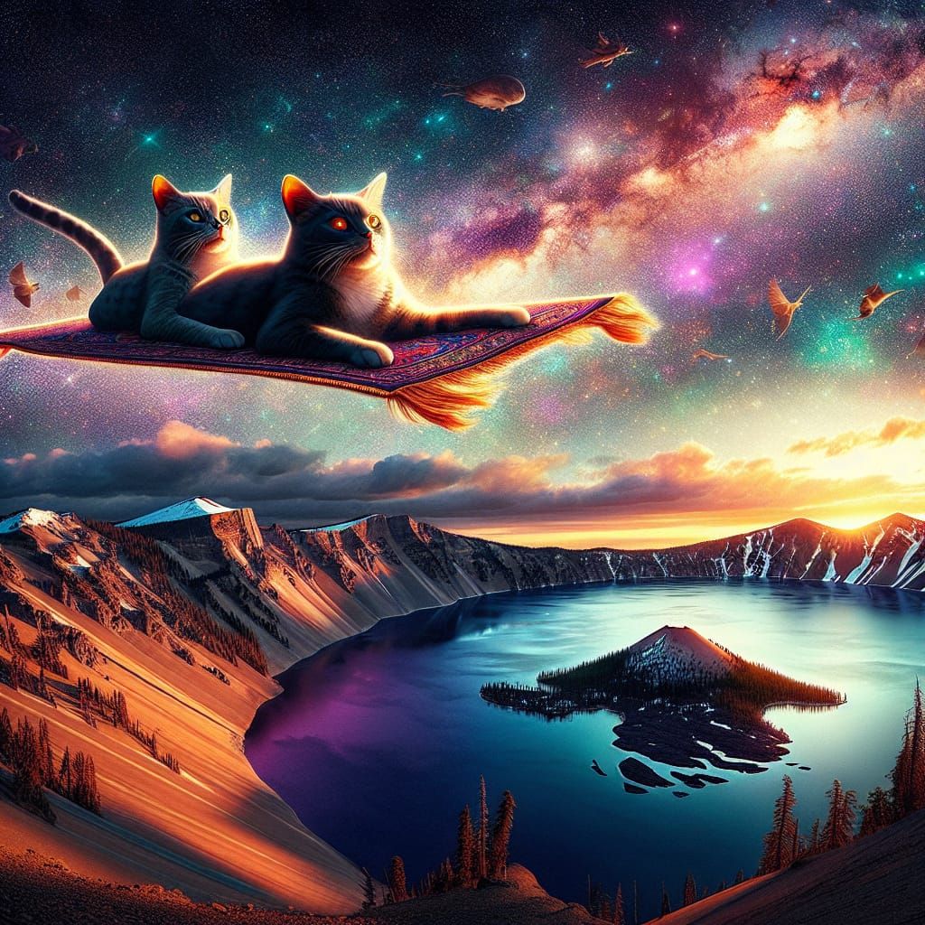 Cats on Magic Carpet Over Crater Lake, Digital Matte Paintin...