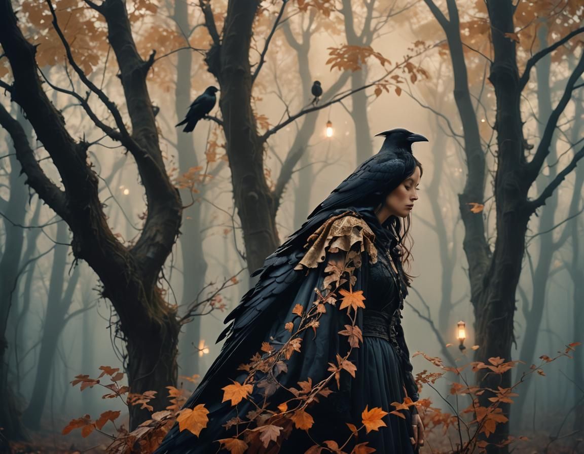 Woman with Raven in Surreal Autumn Forest