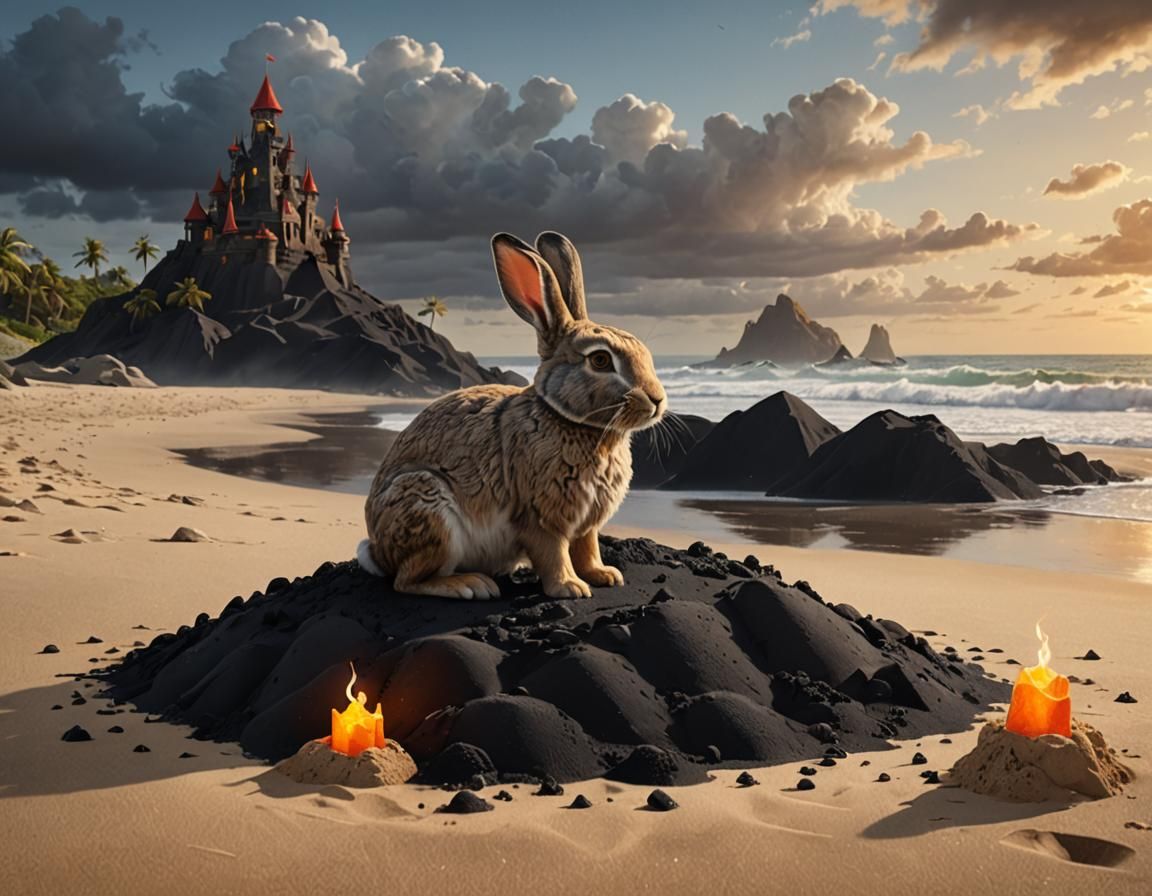 Rabbit Admiring Black Sandcastle: Photorealistic Concept Art