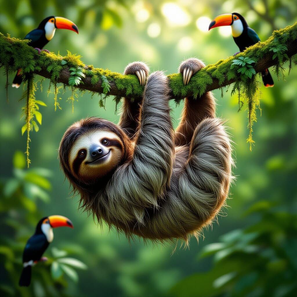 Photorealistic Sloth Hanging in Sun-Dappled Rainforest