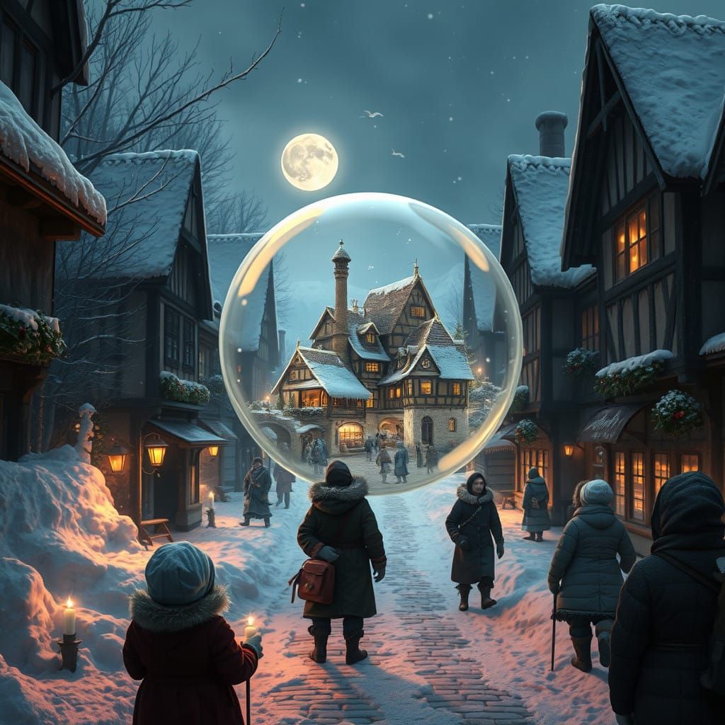 A Winter Village Floating through a Winter Village