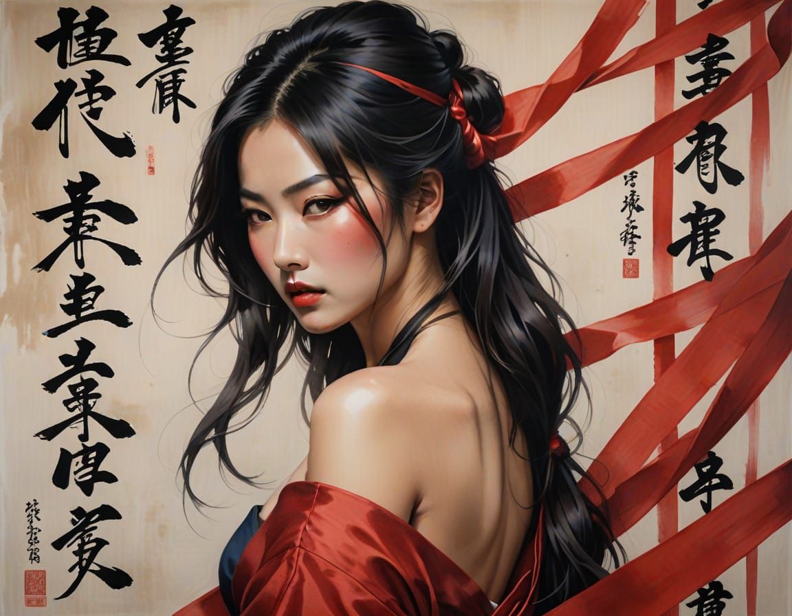 Shirtless Japanese Woman in Calligraphy Art