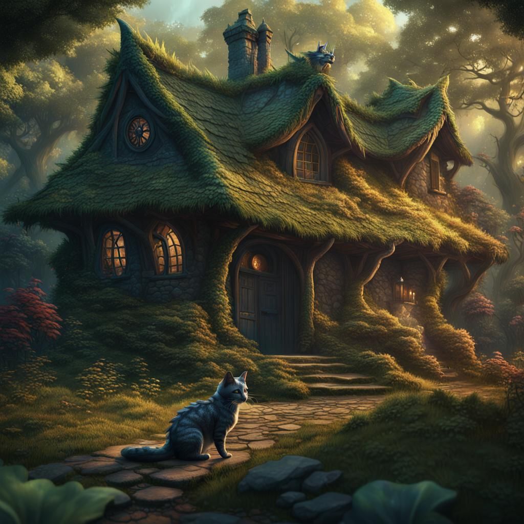 Dragon Cat Guardian of Forest Cottage: Fantasy Art